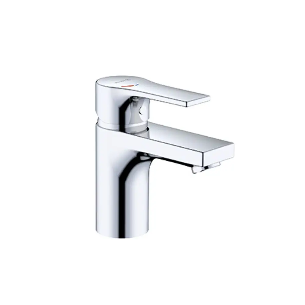 Ein glänzender Wasserhahn von Kludi mit einem flachen Hebel und gerader Auslaufpartie, geeignet für die Montage an einem Badezimmerwaschtisch.